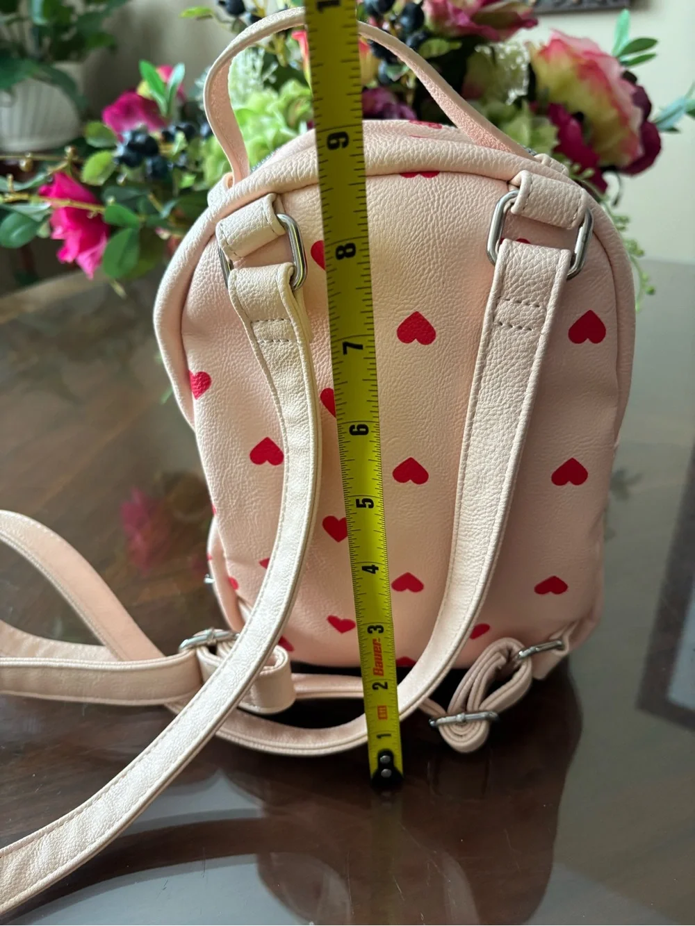 Betsey Johnson Pink Mini Puppy Backpack with Red Heart Print